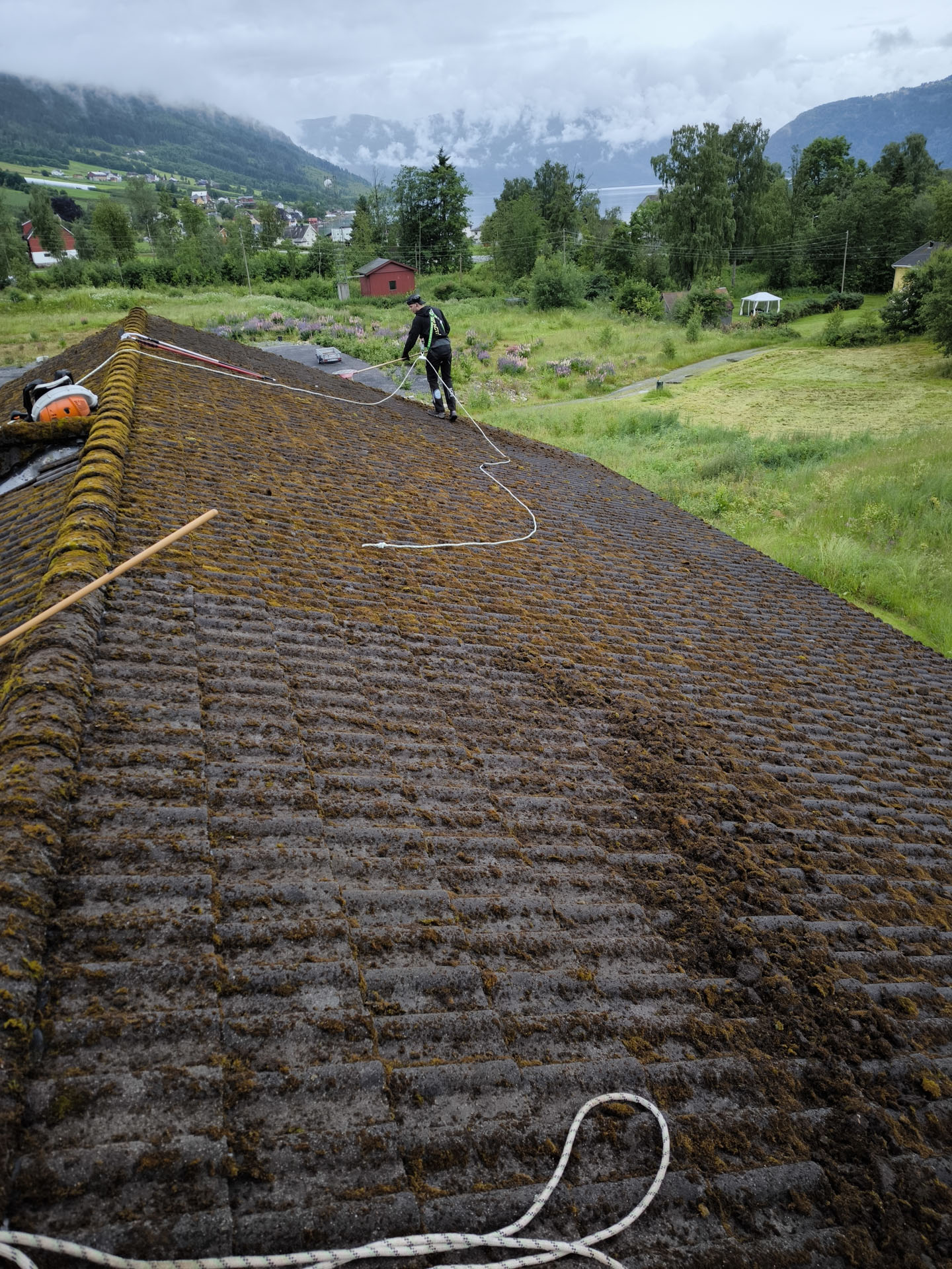 Takvask av mosegrodd tak før/under